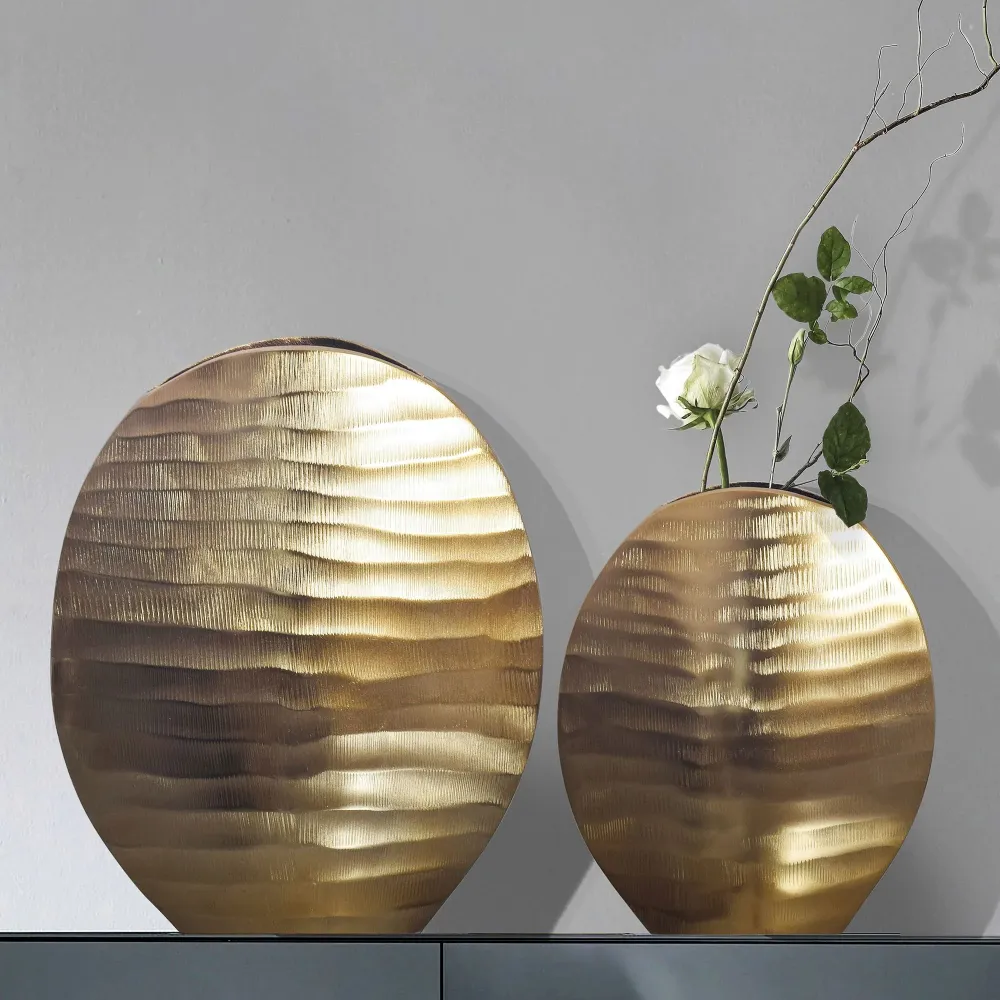 Dekorativ vase sæt med 2, aluminium guld, bølgemønster, trendy, rund dekorativ vase, 2-delt sæt til blomster, aluminiums b...