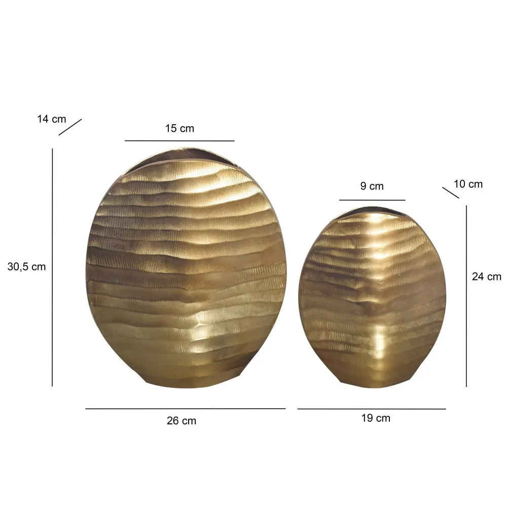 Dekorativ vase sæt med 2, aluminium guld, bølgemønster, trendy, rund dekorativ vase, 2-delt sæt til blomster, aluminiums b...