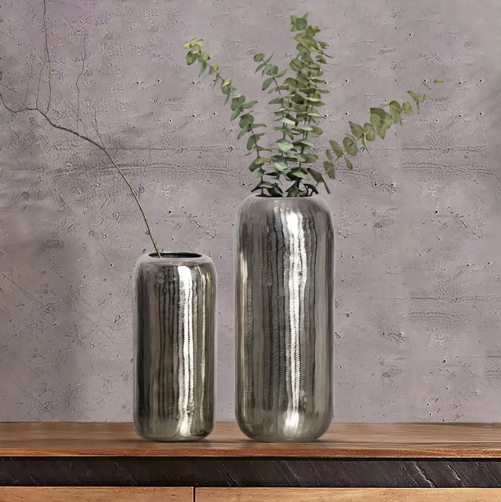 Dekorativ vase sæt med 2, aluminium sølv cylinder blomstervaser, moderne, runde dekorative vaser, 2-delt sæt til blomster,...