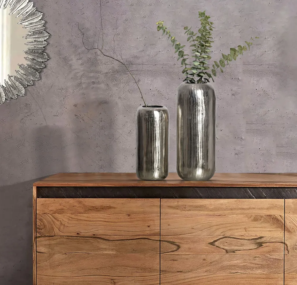 Dekorativ vase sæt med 2, aluminium sølv cylinder blomstervaser, moderne, runde dekorative vaser, 2-delt sæt til blomster,...