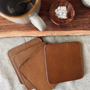 Glasbrik / Coaster - 4 stk Cognac bøffellæder