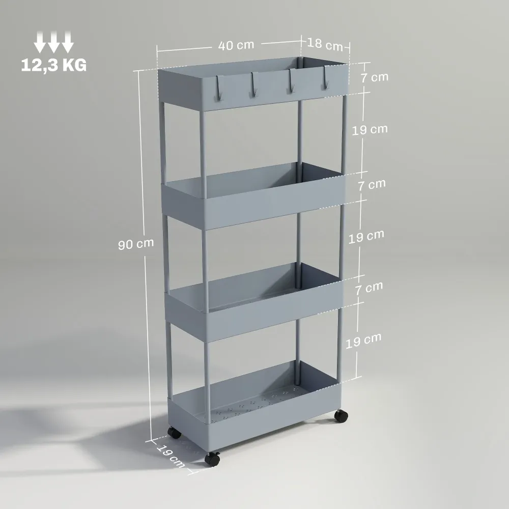 Køkkenvogn med 4 hylder, 4 fleksible kroge, 4 hjul, 40 cm x 19 cm x 90 cm, nichevogn, grå