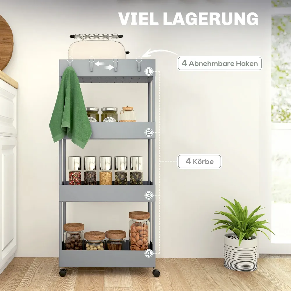 Køkkenvogn med 4 hylder, 4 fleksible kroge, 4 hjul, 40 cm x 19 cm x 90 cm, nichevogn, grå