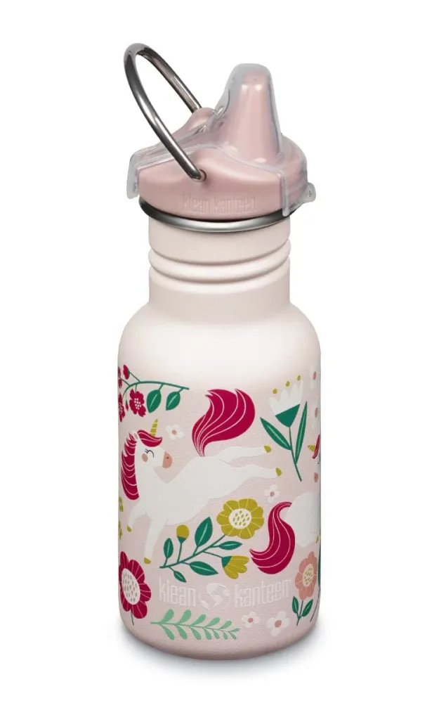 Klean Kanteen Kid's vandflaske i pletresistent stål med Sippy Cap, Leaping Unicorns, 355 ml
