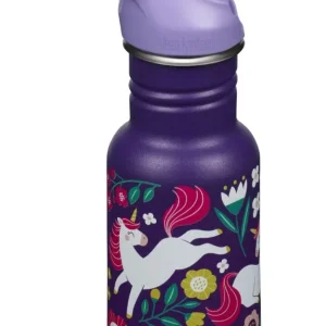 Klean Kanteen Kid's vandflaske i stain-free stål med Flip Seal Sport Cap og sugerør, Leaping Unicorns, 355 ml