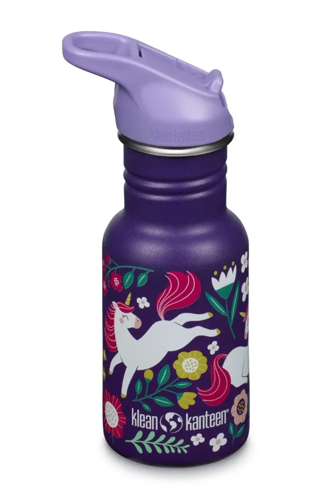 Klean Kanteen Kid's vandflaske i stain-free stål med Flip Seal Sport Cap og sugerør, Leaping Unicorns, 355 ml