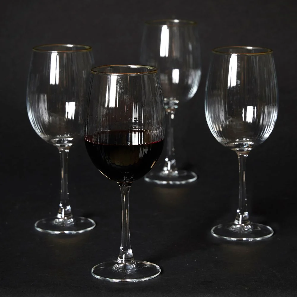 Rødvinsglas 45 cl. rillet med guld kant - 4 stk.