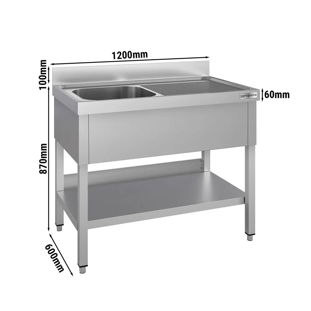 Stålbord med vask til gryder ECO - 1,2m - 1 vask til venstre L 50 x B 40 x D 25 cm