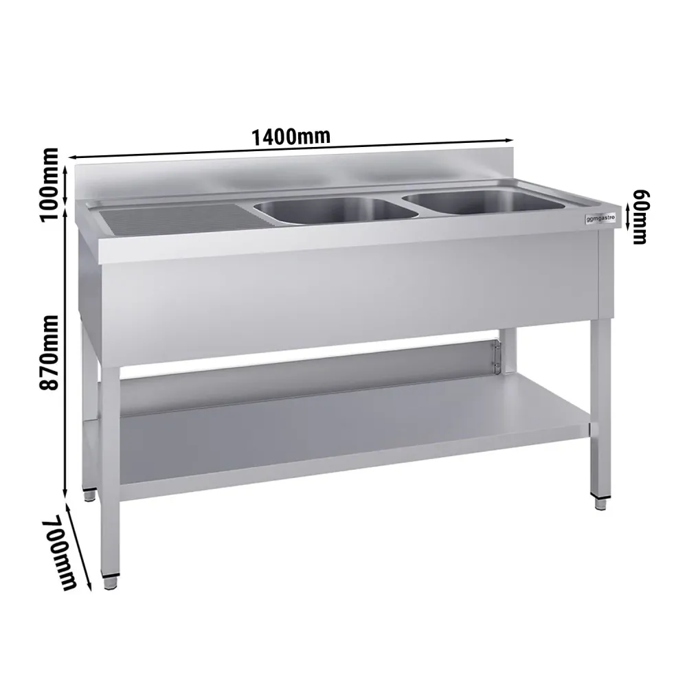 Stålbord med vask til gryder ECO - 1,4m - 2 vaske til højre L 40 x B 50 x D 25 cm