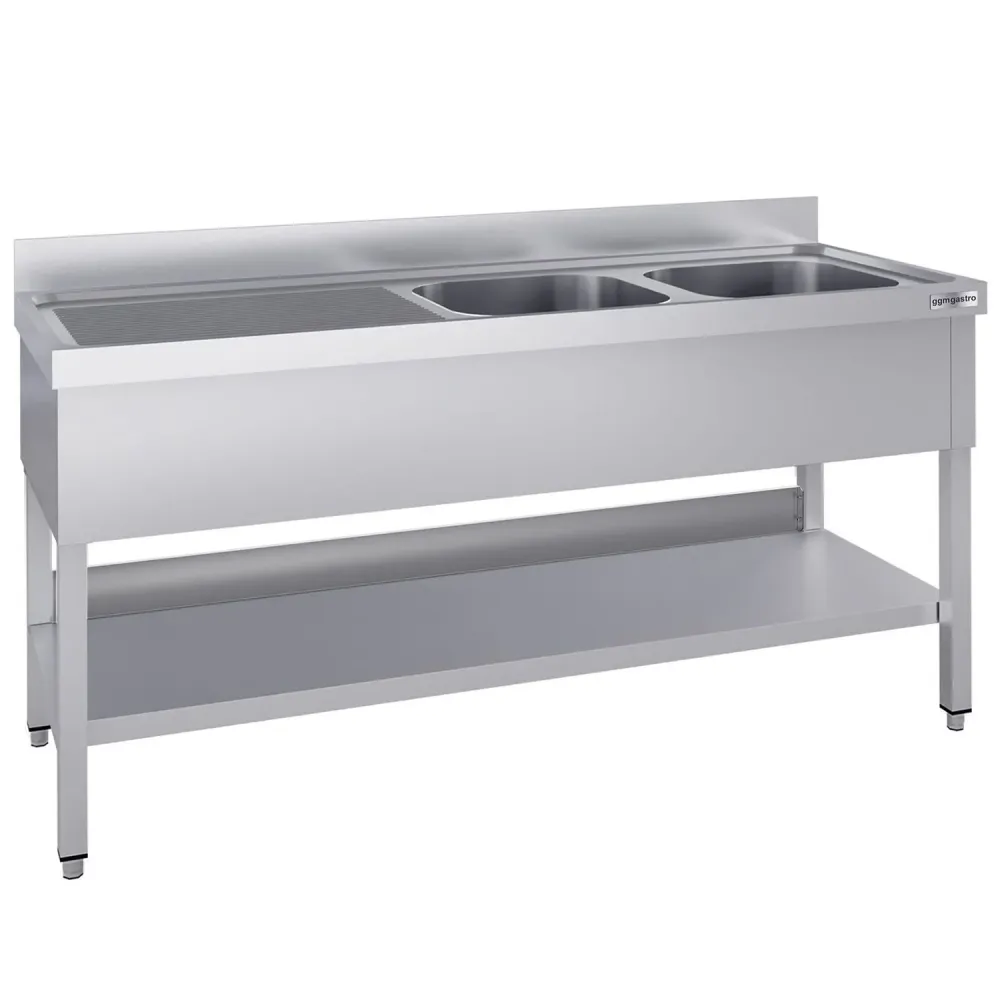 Stålbord med vask til gryder ECO - 2,0m - 2 vaske til højre L 50 x B 40 x D 25 cm