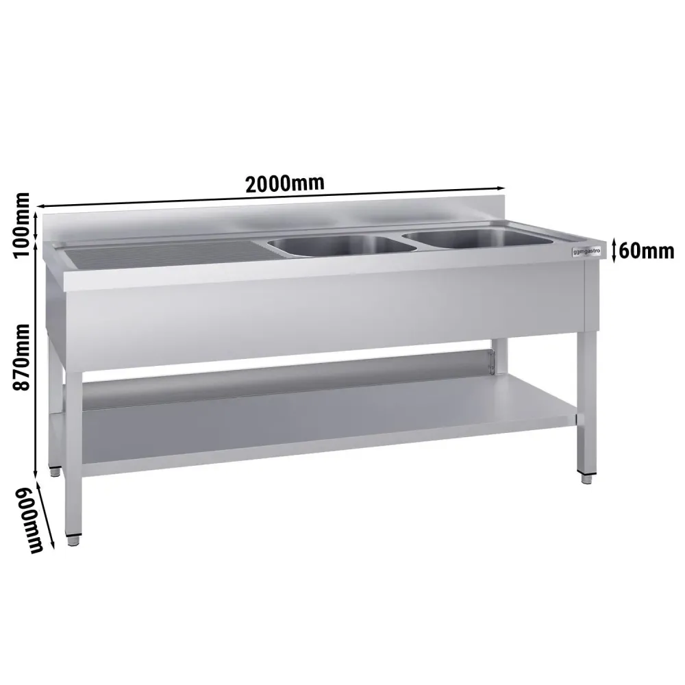 Stålbord med vask til gryder ECO - 2,0m - 2 vaske til højre L 50 x B 40 x D 25 cm