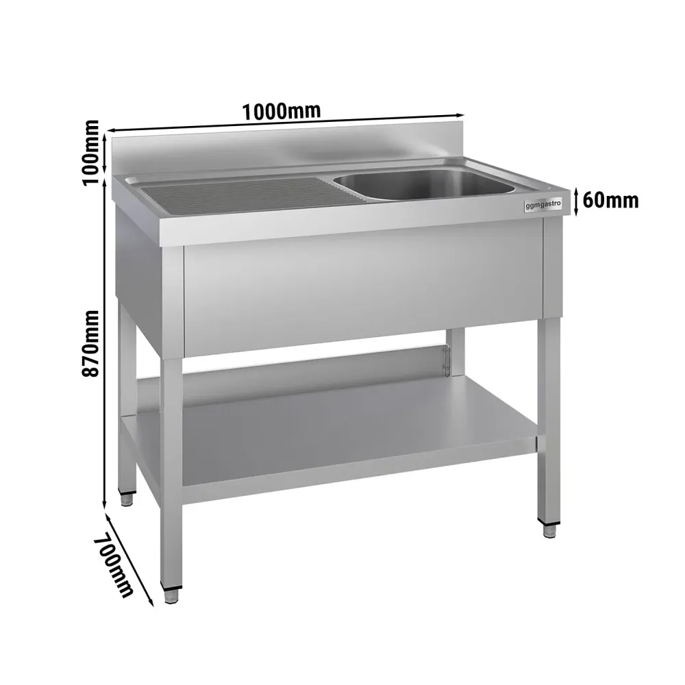 Stålbord med vask til gryder ECO - 1,0m - 1 vask til højre L 50 x B 50 x D 30 cm