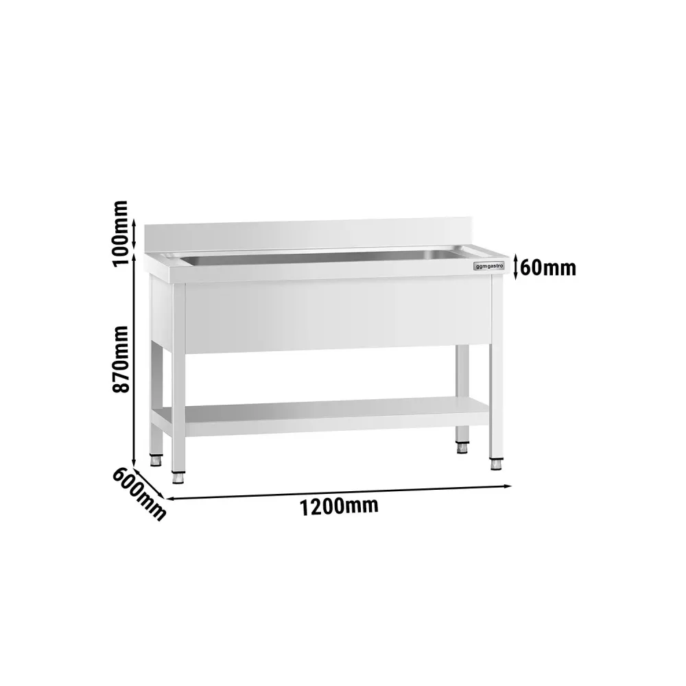 Stålbord med vasker til gryder med underhylde PREMIER - 1,2 m - 1 vask L 95 x B 42 x D 35 cm