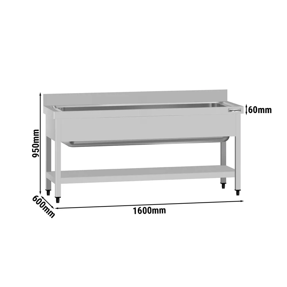 Stålbord med vasker til gryder med underhylde ECO - 1,6 m - 1 vask L 140 x B 50 x D 35 cm
