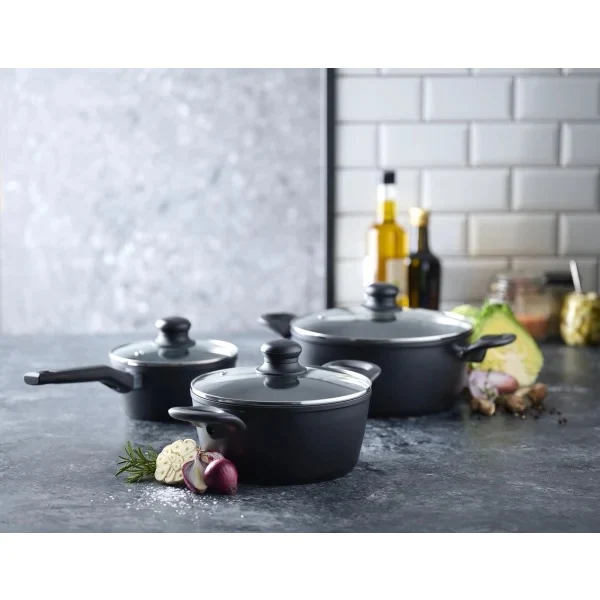 Grydesæt - 3 stk med glaslåg - Aluminium/keramisk belægning