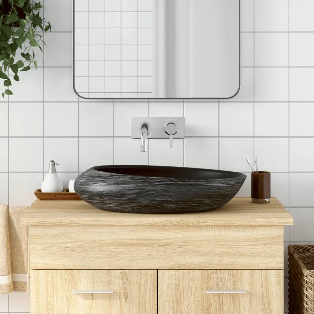 håndvask til bordplade 59x40x15 cm oval keramik grå og ebony
