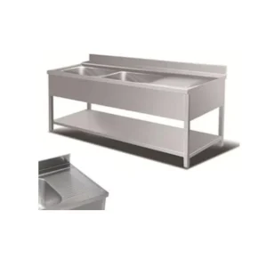 Rustfrit stålbord m. 2 vaske, underhylde & tørreplads til højre, 60-70 cm 1400