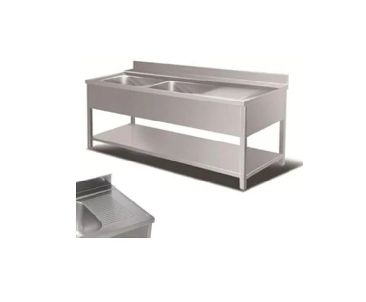 Rustfrit stålbord m. 2 vaske, underhylde & tørreplads til højre, 60-70 cm 1400