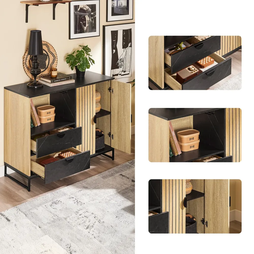 Kompakt køkkenhelt: buffetskab med mikrobølgeovnsfag og -vogue jalousidør (eg/sort), 107×40×85 cm
