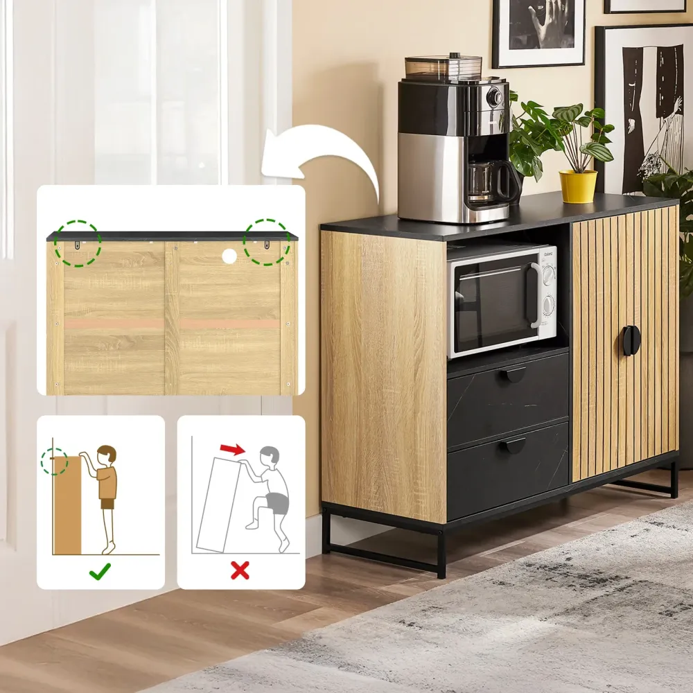 Kompakt køkkenhelt: buffetskab med mikrobølgeovnsfag og -vogue jalousidør (eg/sort), 107×40×85 cm