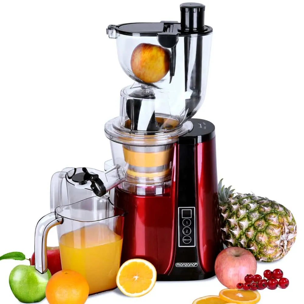 Slowjuicer inkl. 2 beholdere 81 mm åbning 2 niveauer omvendt funktion 500 W elektrisk vitaminvenlig frugt og grøntsag køkk...