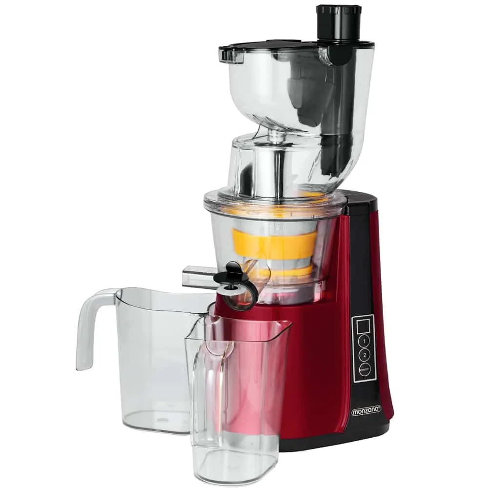 Slowjuicer inkl. 2 beholdere 81 mm åbning 2 niveauer omvendt funktion 500 W elektrisk vitaminvenlig frugt og grøntsag køkk...