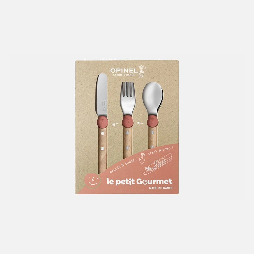 Professional Grade Opinel Le Petit Gourmet, kniv, gaffel og ske til børn, apricot