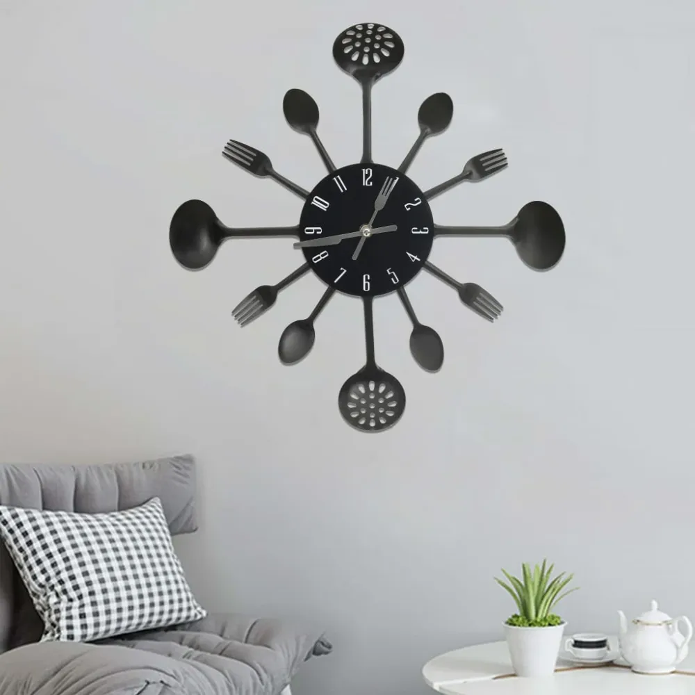 325163 Wall Clock Spoon And Fork Design Black 40 Cm Aluminium
