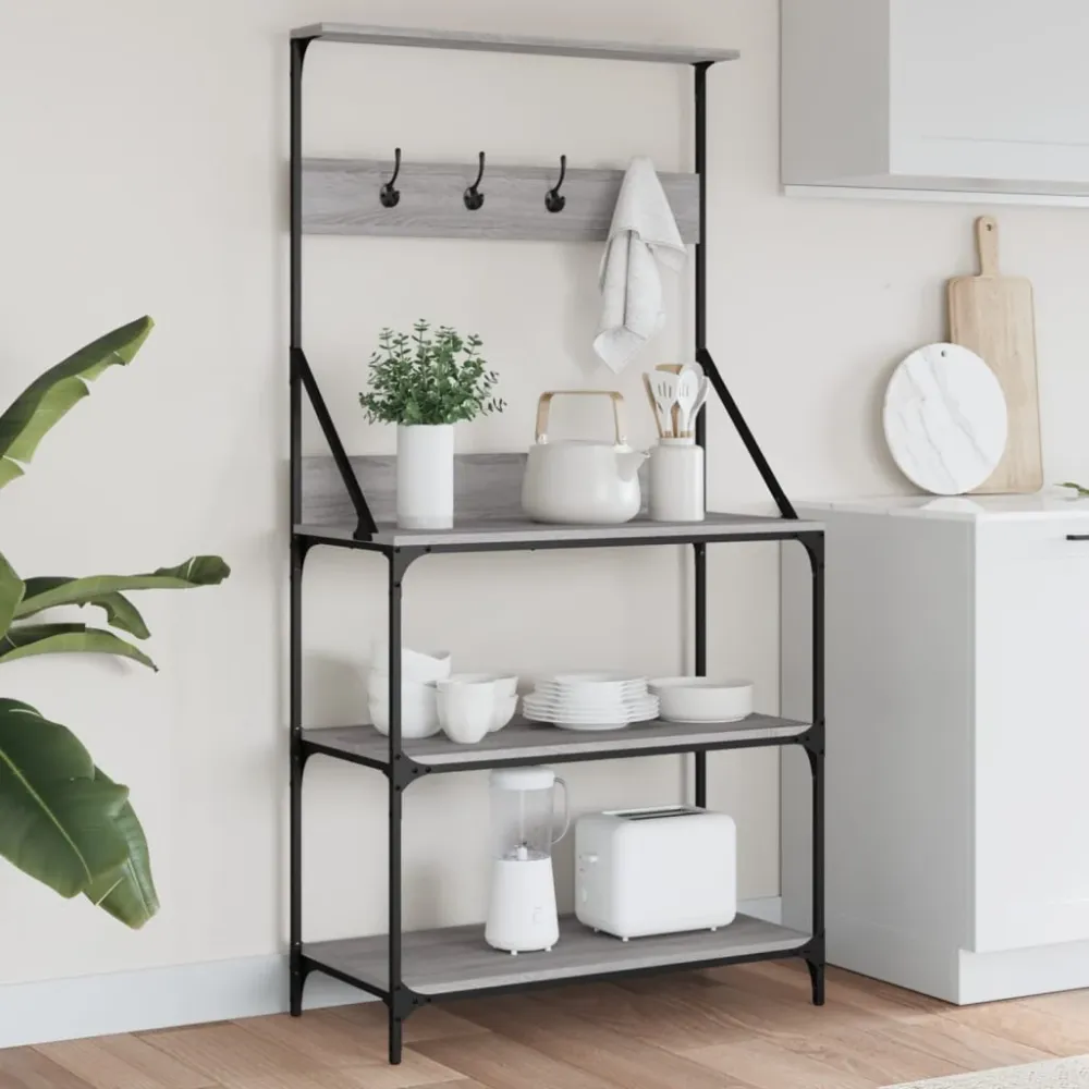 Køkkenreol Med Knager Og 4 Hylder Designed Træ Graa