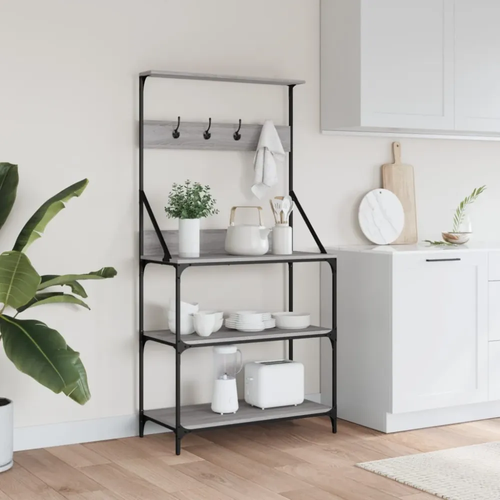 Køkkenreol Med Knager Og 4 Hylder Designed Træ Graa
