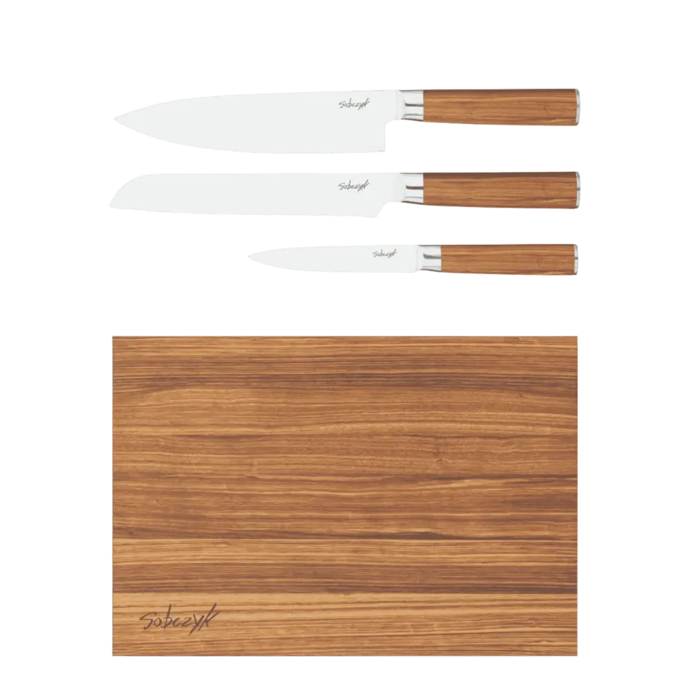 Sæt Med 3 Knive + Skærebræt i Zebratræ