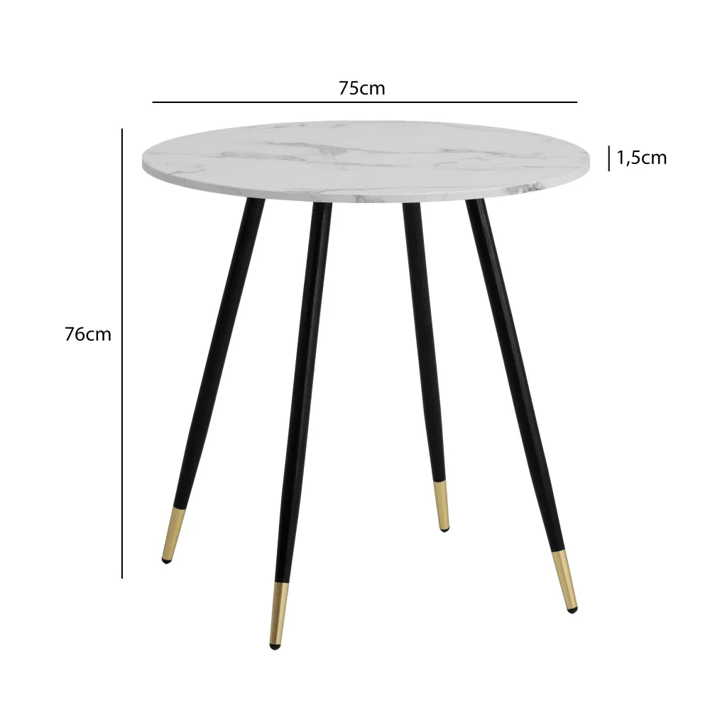 Spisebord 75x75x76 cm marmorlook hvidt spisebord -vogue, køkkenbord med metalben, lille spisebord rundt spisebord
