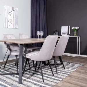 Marina Spisebord 180 x 90 Natur & 4 stk Velvet Plush spisebordsstole Lysgrå