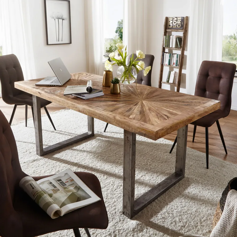Spisebord i mangotræ, 200x76,5x100 cm; Køkkenbord i loftstil med genuine finish; massivt træbord med metalramme; industribord