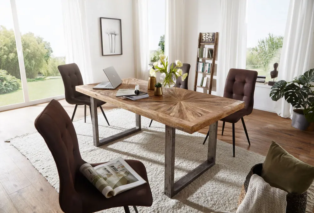 Spisebord i mangotræ, 200x76,5x100 cm; Køkkenbord i loftstil med genuine finish; massivt træbord med metalramme; industribord