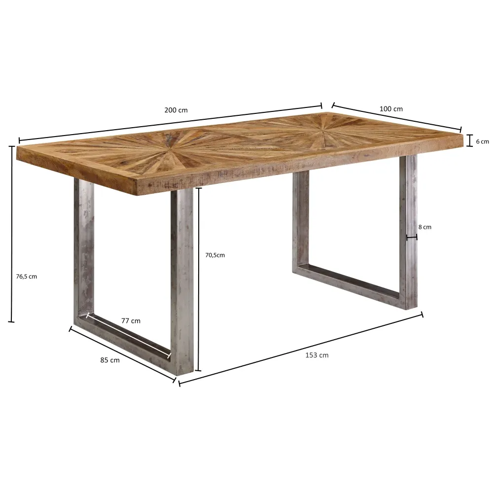 Spisebord i mangotræ, 200x76,5x100 cm; Køkkenbord i loftstil med genuine finish; massivt træbord med metalramme; industribord