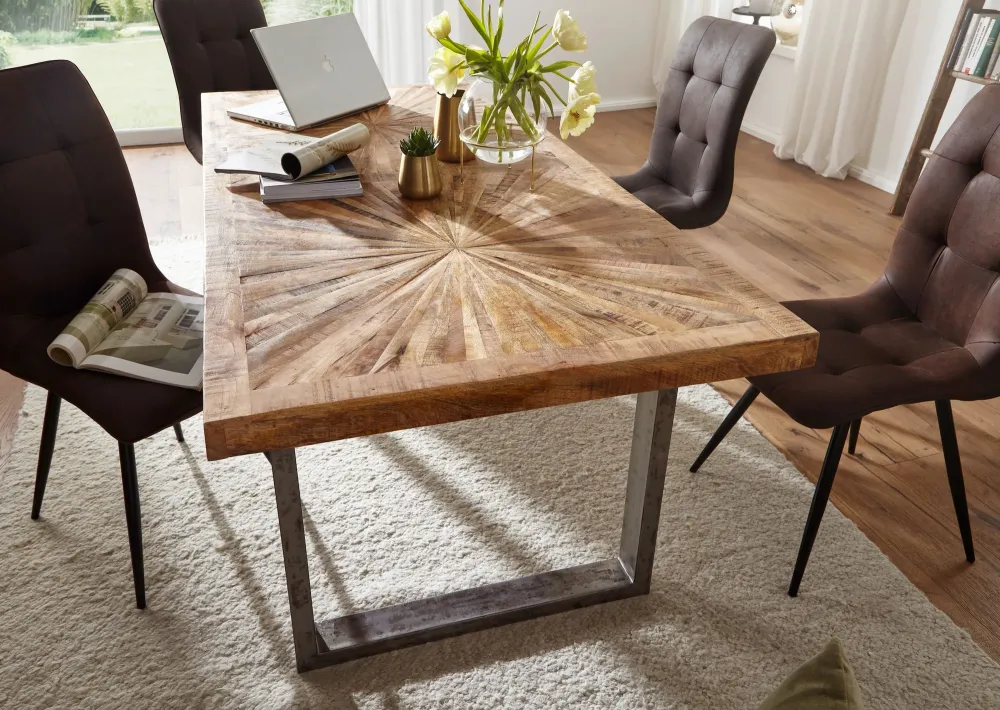 Spisebord i mangotræ, 200x76,5x100 cm; Køkkenbord i loftstil med genuine finish; massivt træbord med metalramme; industribord