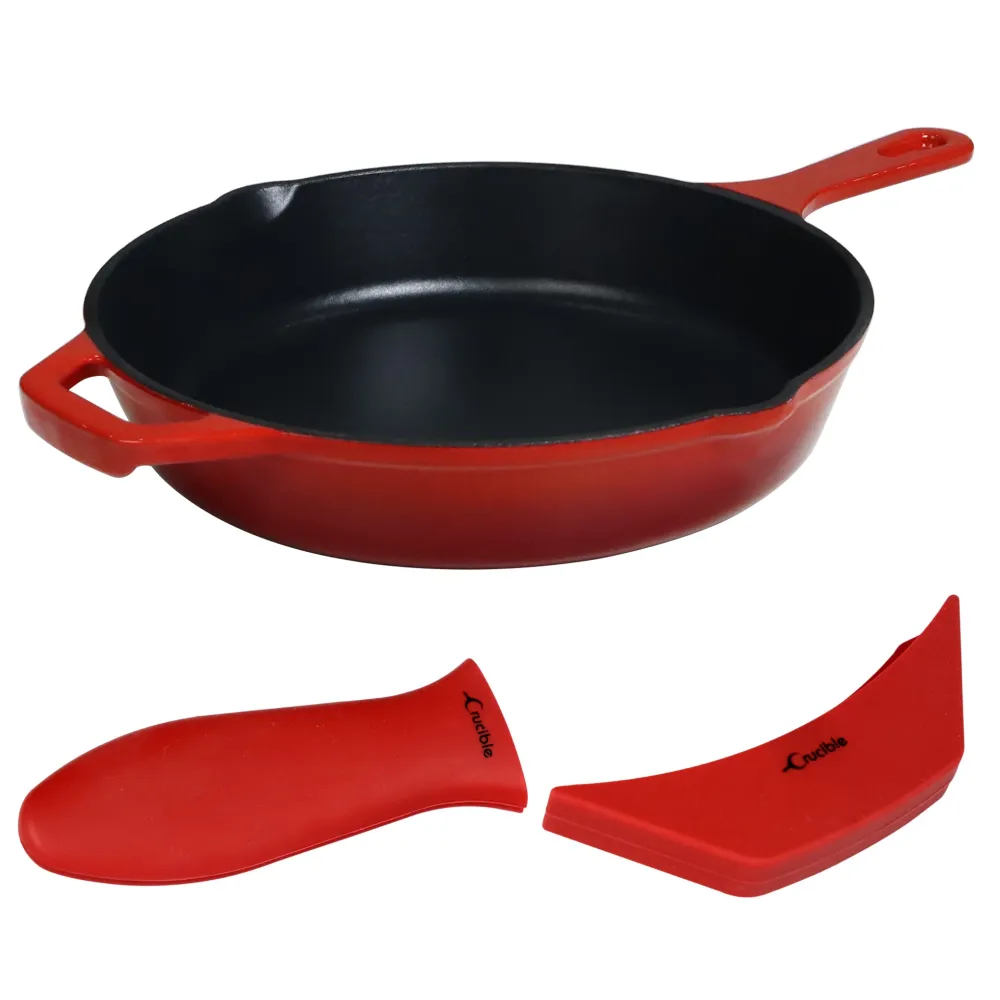 10.25"/26 cm emaljeret støbejernsstegepande, stegepande + 2 silikonehåndtagsbetræk