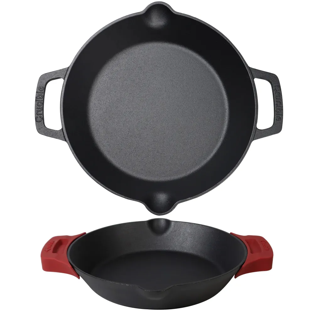 10.25-tommer/26 cm støbejerns stegepandesæt med dobbelte løkkehåndtag, stegepande, silikone grydelapper