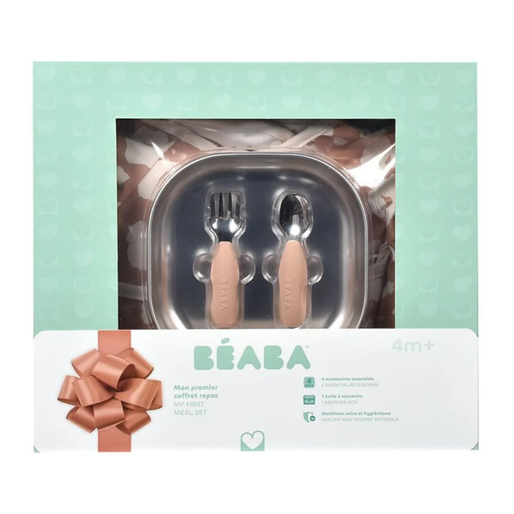 Beaba First Meals gavepakke 3-i-1 tallerken + bestik + hagesmæk Savannah Bloom