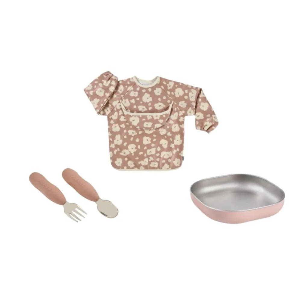 Beaba First Meals gavepakke 3-i-1 tallerken + bestik + hagesmæk Savannah Bloom