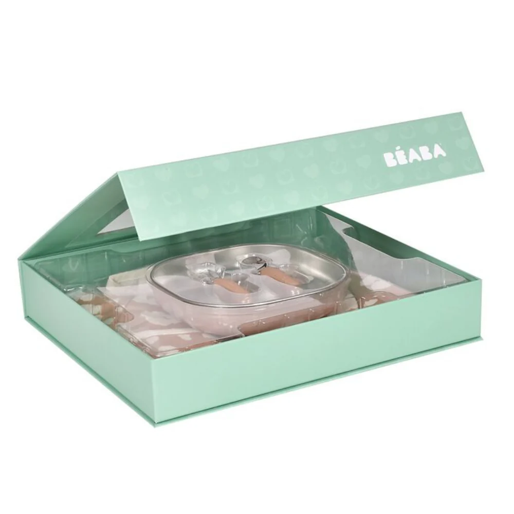 Beaba First Meals gavepakke 3-i-1 tallerken + bestik + hagesmæk Savannah Bloom
