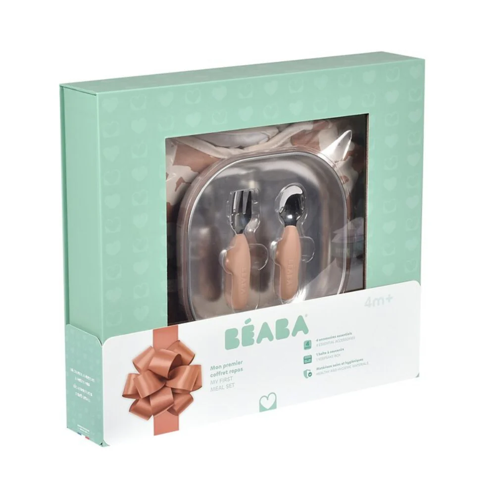 Beaba First Meals gavepakke 3-i-1 tallerken + bestik + hagesmæk Savannah Bloom