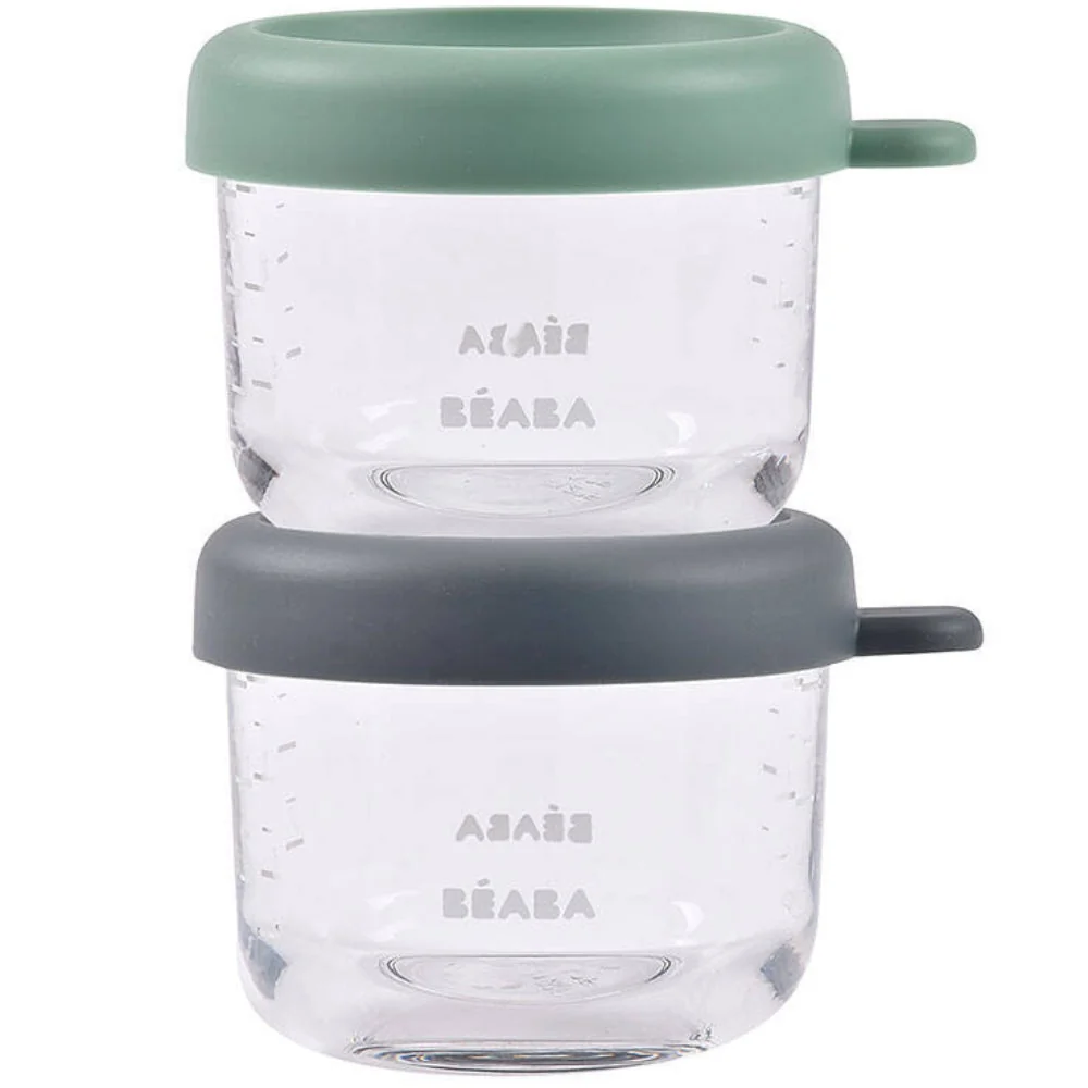 Beaba glasbeholder med låg, 2 x 150 ml, mineralgrøn/salviegrøn