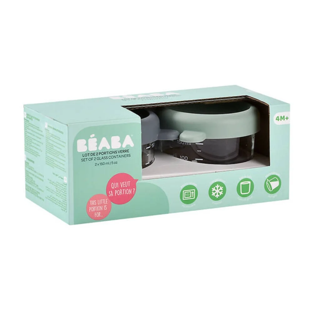 Beaba glasbeholder med låg, 2 x 150 ml, mineralgrøn/salviegrøn
