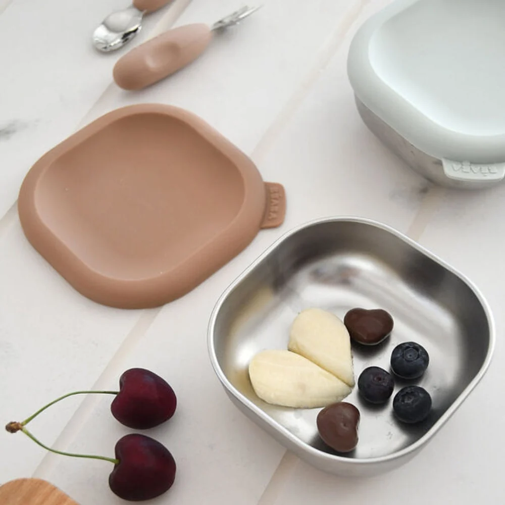 Beaba Rustfri madbeholdere med silikonelåg, 3 stk. Naturfarvet