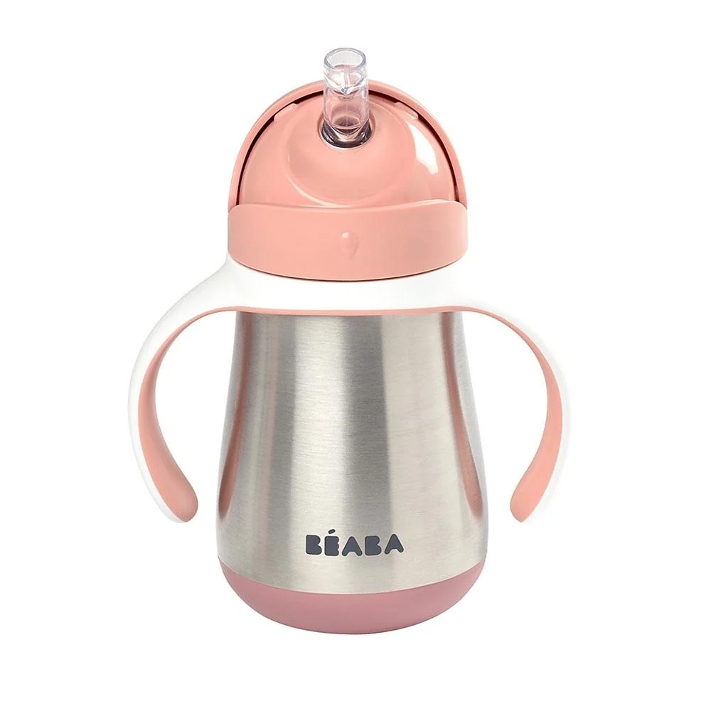 Beaba Steel drypfri kopflaske med sugerør 250 ml gammelrosa