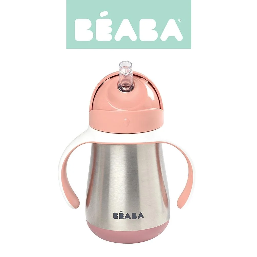 Beaba Steel drypfri kopflaske med sugerør 250 ml gammelrosa