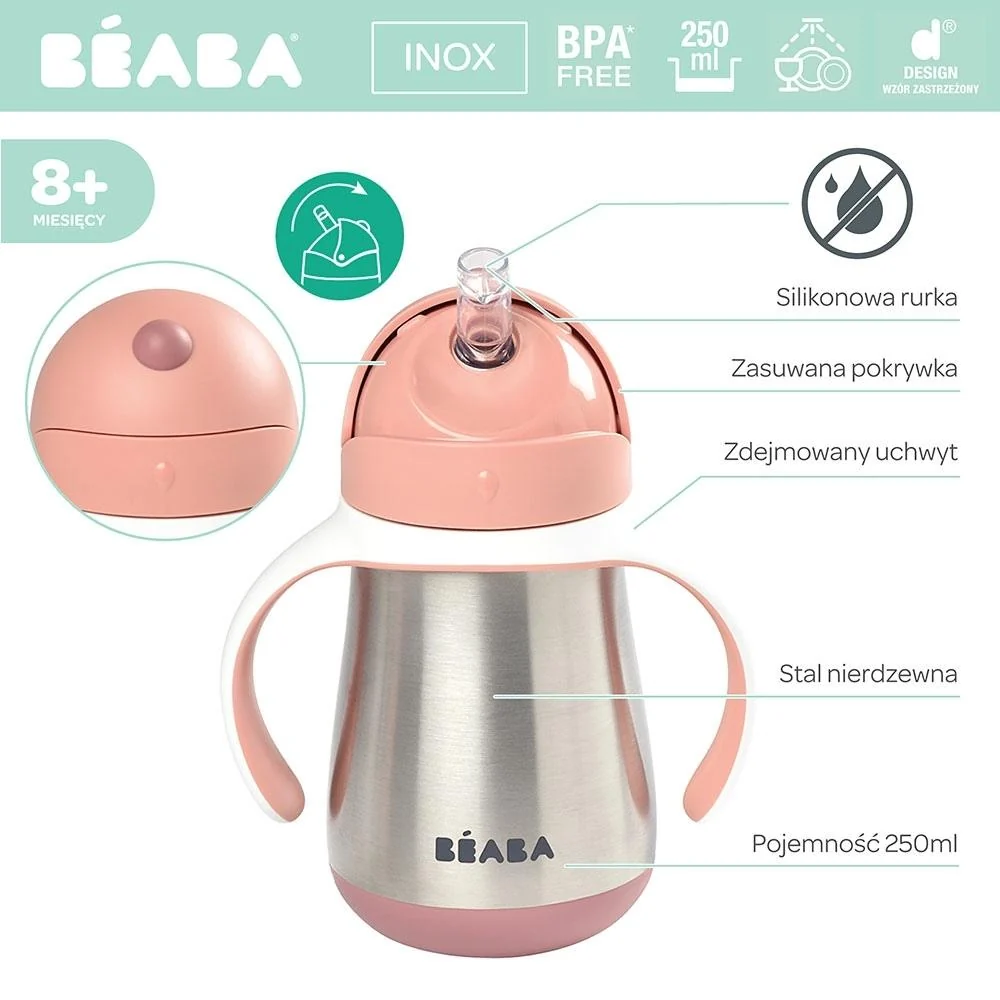 Beaba Steel drypfri kopflaske med sugerør 250 ml gammelrosa