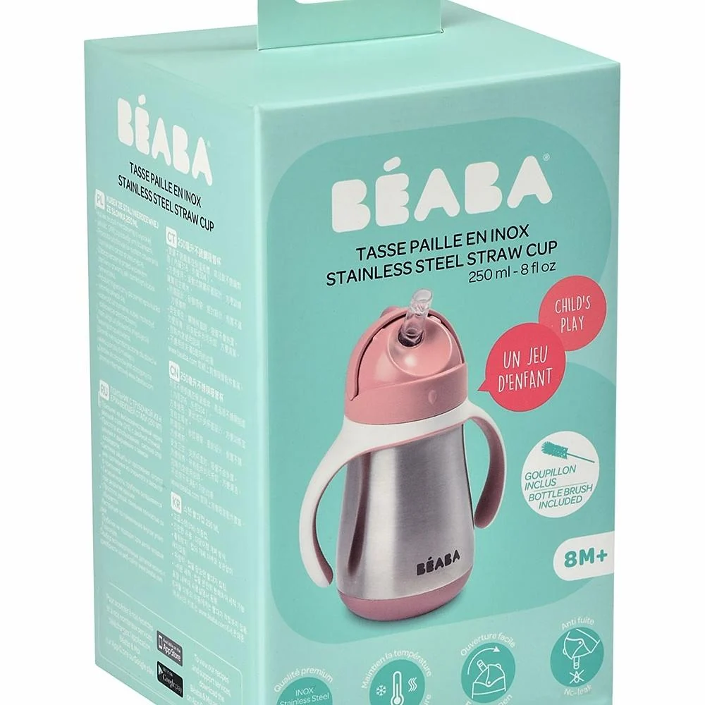 Beaba Steel drypfri kopflaske med sugerør 250 ml gammelrosa